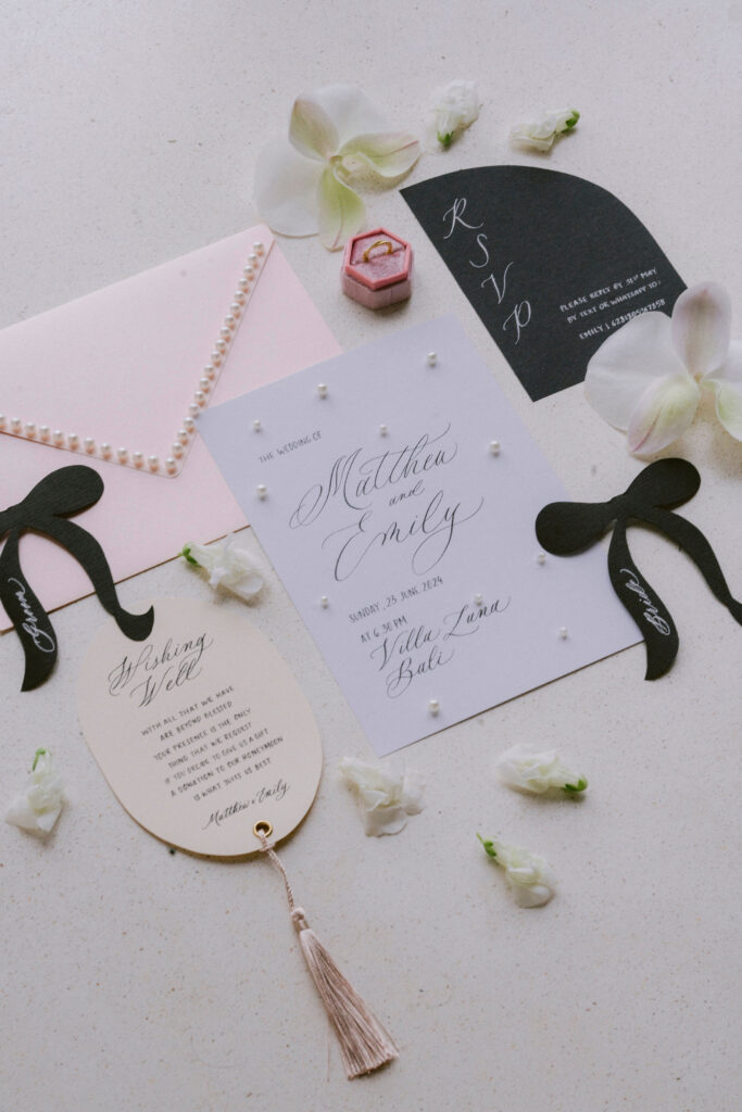 pearls and ribbon wedding invitation