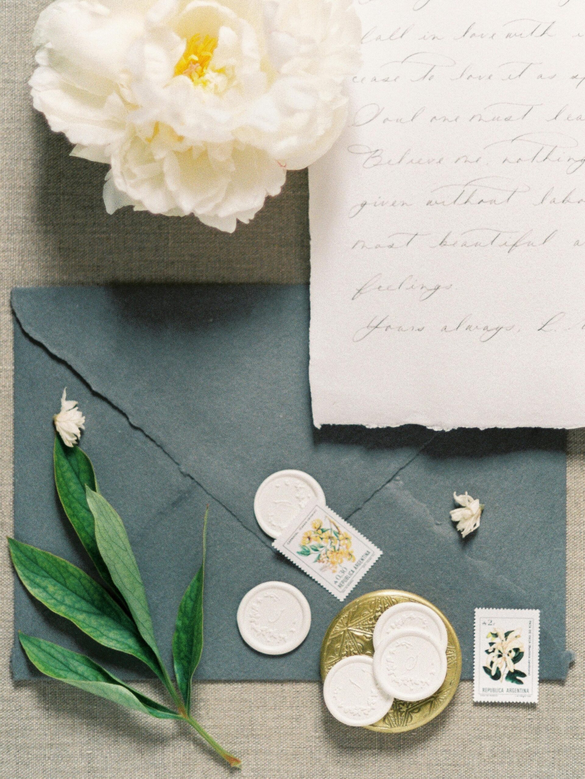 vintage stamp and wax seal wedding invitation envelope